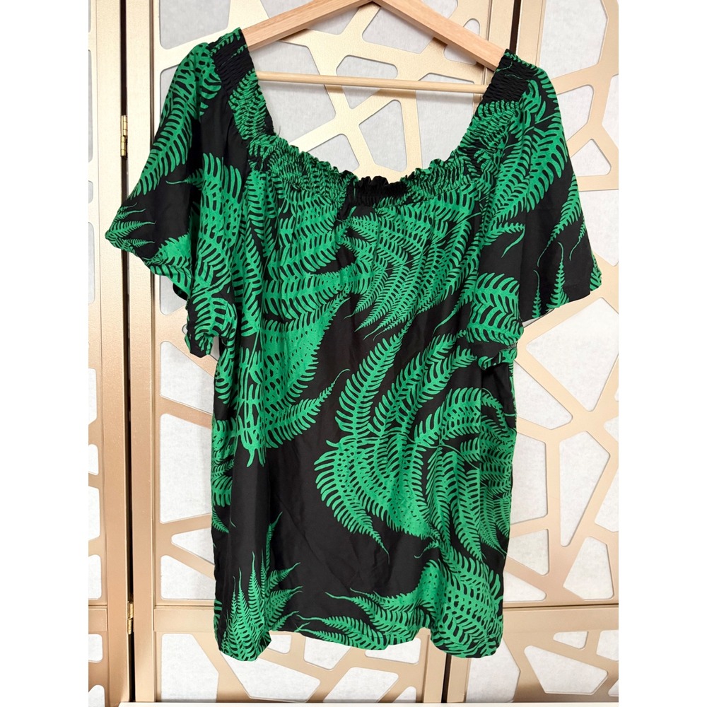 Hula Bay Green Black Tropical Palm Print Smocked Off Shoulder Top Large L-13 - Picture 3 of 6